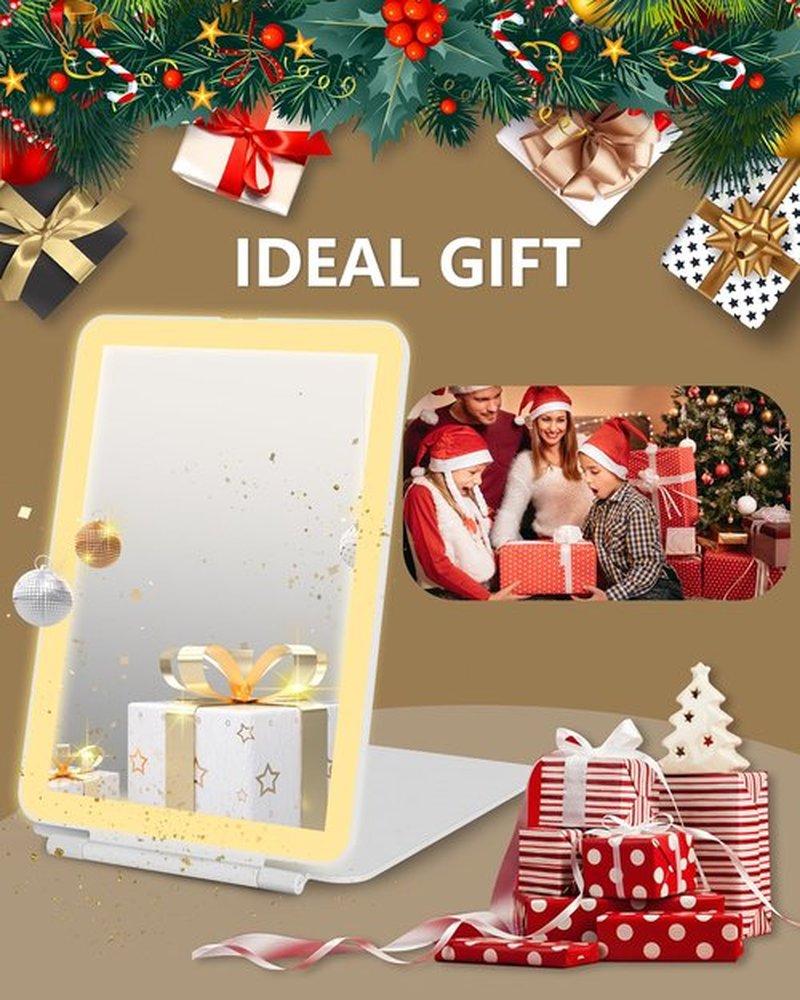 Dec.Metu Travel Mirror with Lights Makeup Mirror Touch Screen 3 Colors Light 72 LEDs Rechargeable, 1000mHA 7.9x5.3-Inch Desk Compact Mirror White