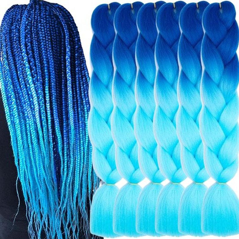 TENGSHUO FLY Blue to Sky Blue Braiding Hair 6 Packs Synthetic Braid Hair Extensions Jumbo Ombre Braiding Hair 24 Inch or Box Braids Twist Crochet Braids(24"6Pack,Blue to Sky Blue)