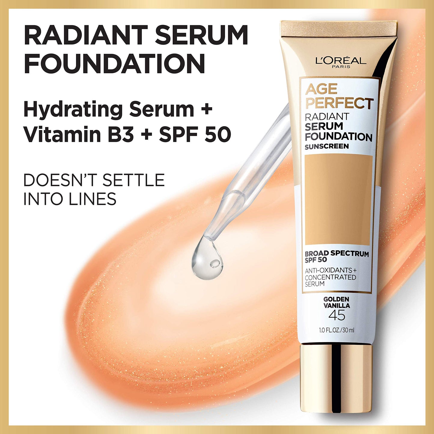 L'Oreal Paris Age Perfect Radiant Serum Foundation with SPF 50, Sand, 1 Ounce