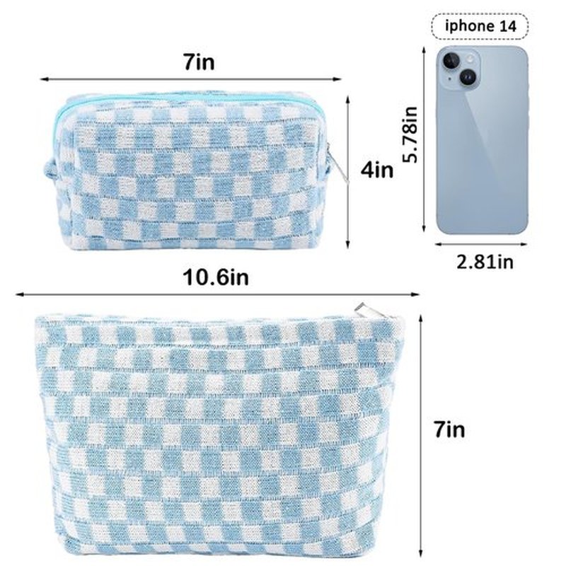 ZLFSRQ 2Pcs Checkered Makeup Bag for Women Large Cosmetic Bag Set Travel Toiletry Bag Makeup Pouch Bag for Purse Blue Zipper Storage Bag Organizer Cute Small Aesthetic Girls Car Essentials Bag
