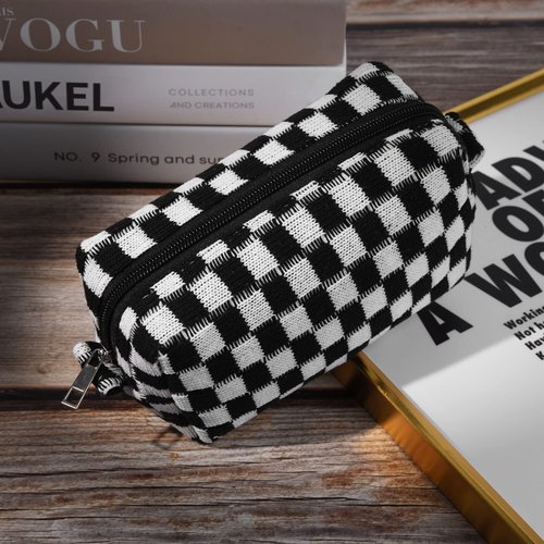 SOIDRAM Makeup Bag Checkered Cosmetic Bag Black Makeup Pouch 1Pcs Large Capacity Makeup Bags and 1Pcs Makeup Brushes Storage Bag Travel Toiletry Bag Organizer