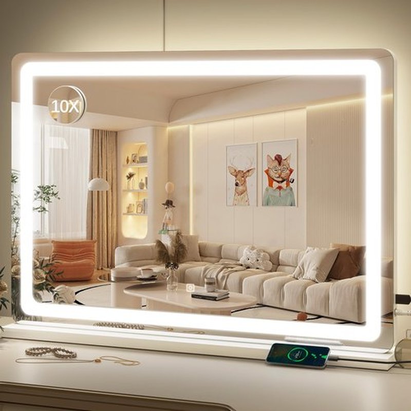 ROLOVE Vanity Mirror with Lights, 32" x 22" Large Lighted Vanity Mirror with Dimmable 3 Modes, LED Makeup Mirror, 10X Magnification, Touch Screen Control, USB Charging Port, Tabletop or Wall-Mounted