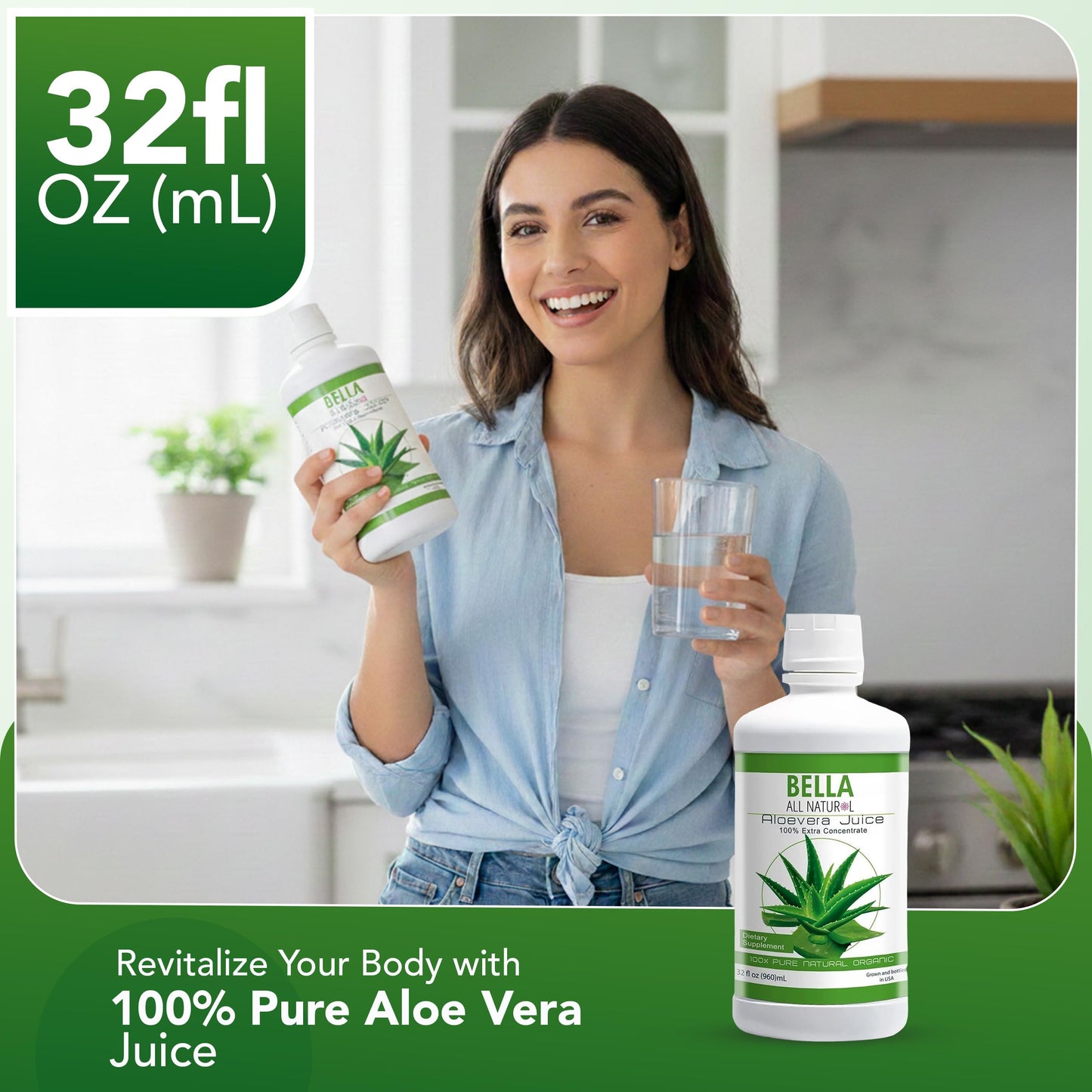 Bella all Natural Aloe Vera Juice 32 Fl Oz - Organic Aloe Vera Juice for Hair Growth, Skin, & Stomach Health - Pure Aloe vera drink for Reducing Digestive Support, & Glowing Skin.