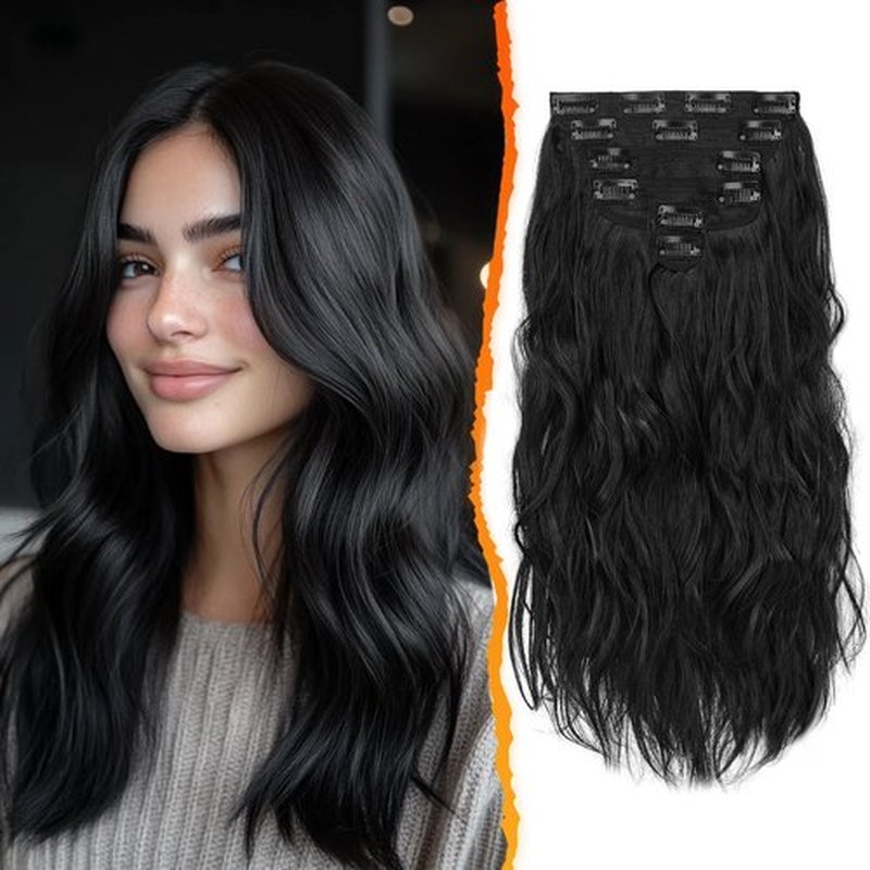 BARSDAR Clip in Hair Extensions - 16 Inch Wavy Black Hair Extensions Clip in for Women - 6PCs Full Head Thick Soft Synthetic Black Clip in Hairpieces Daily Party Halloween- Natural Black