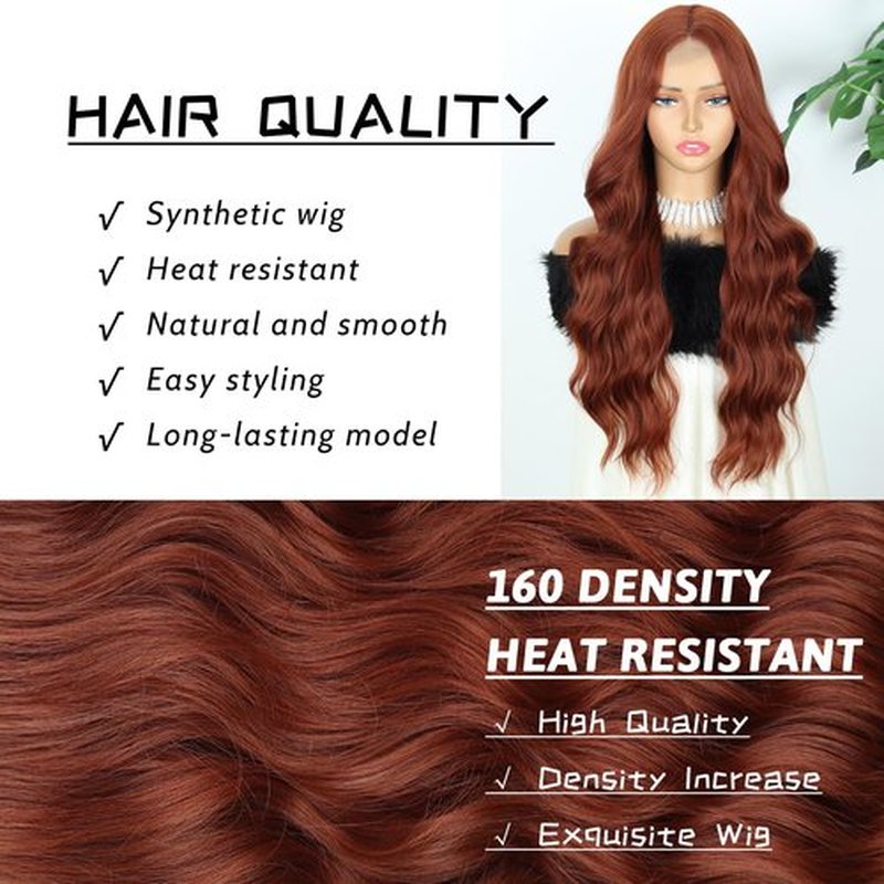 LINGHANG Long Auburn Wavy Wigs for Women 26 Inch Long Copper Red Middle Part Copper Curly Wavy Wig Natural Looking Synthetic Auburn Long Wig for Daily Party Use (Auburn)