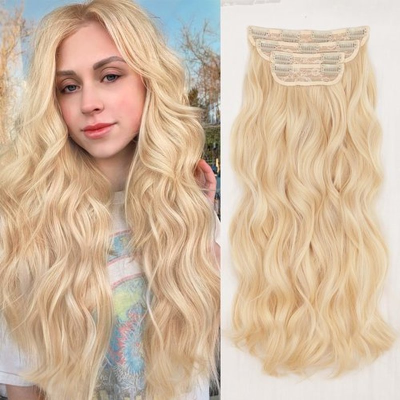 QGZ Clip in Hair Extensions for Women 4 PCS Set of Thick, Synthetic Long Wavy Hair Extension 20 Inch Light Blonde