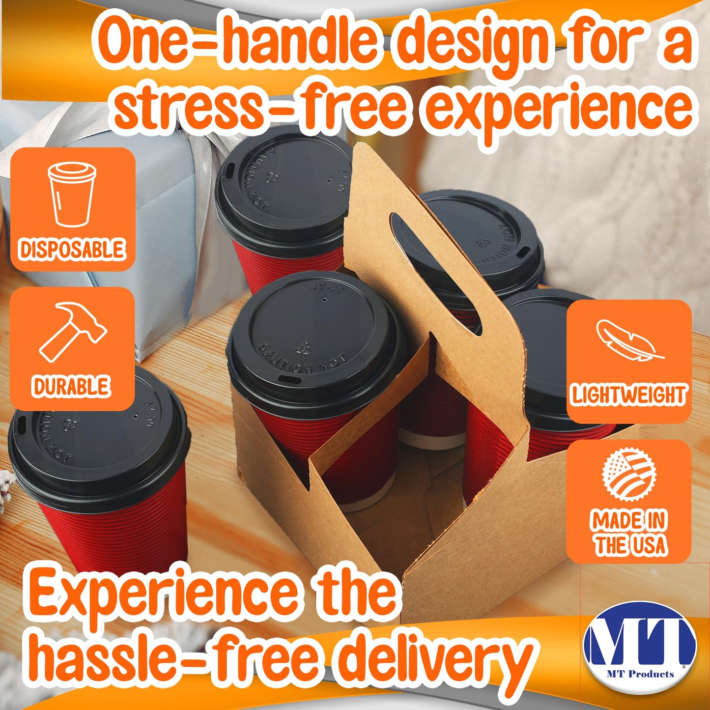MT Products Kraft 4 Cups Drink Carrier 6.5" x 6.5" x 9" - Disposable Drink Holder (Pack of 30) - Made in the USA