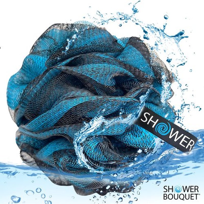 SHOWER BOUQUET Loofah-Charcoal Bath-Sponge-Blue-Green XL-75g Extra Large 4 Pack, Soft Mesh Color & Black Set, Loufa Puff - Exfoliating Body Scrubber for Women and Men: Soothing Exfoliator