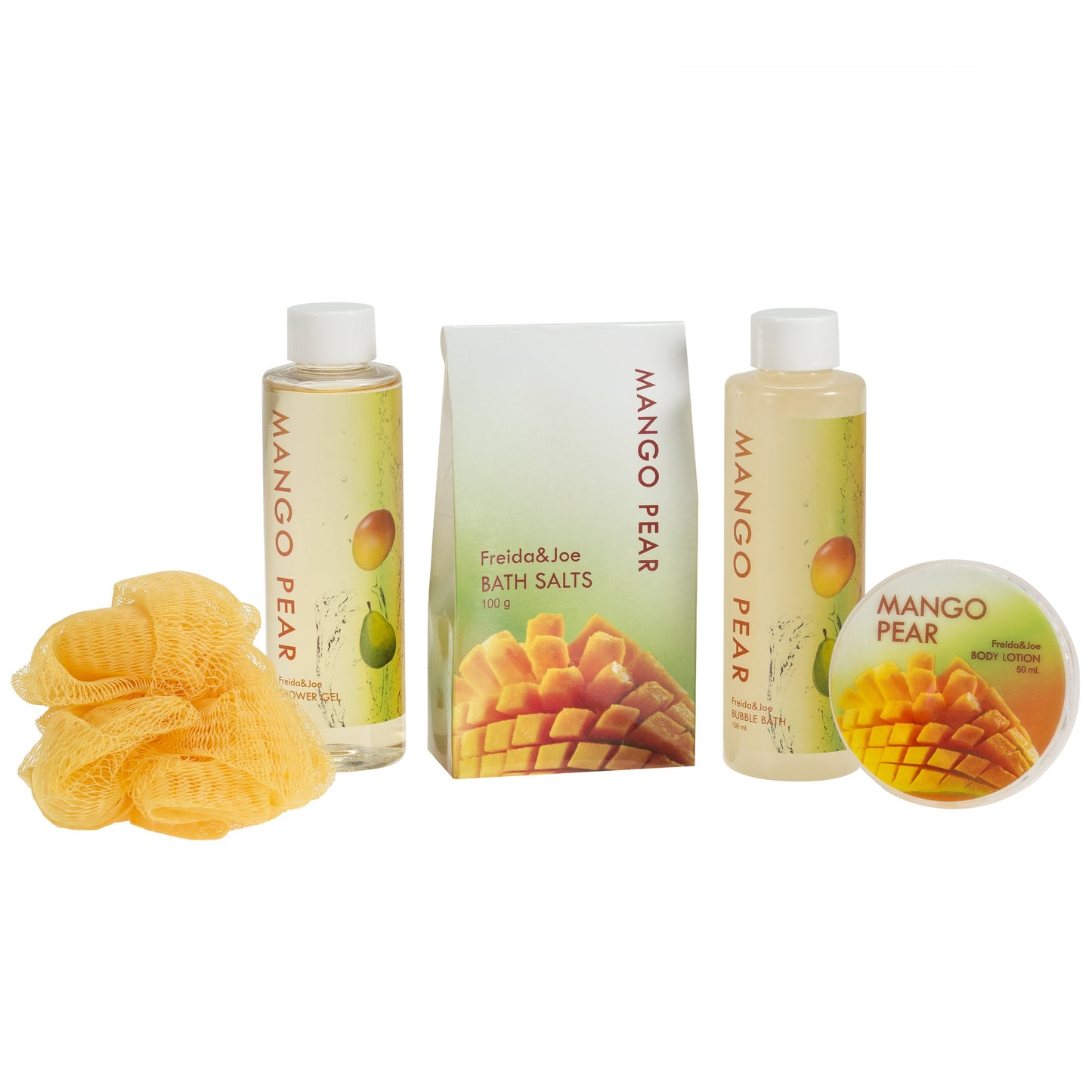 Tropical Mango Pear Fragrance Spa Set for Women - Bath & Body Set in Stylish Orange Tub - Gift Ready with Shower Gel, Body Lotion, Bubble Bath, Bath Salts, and Bath Puff – Mother's