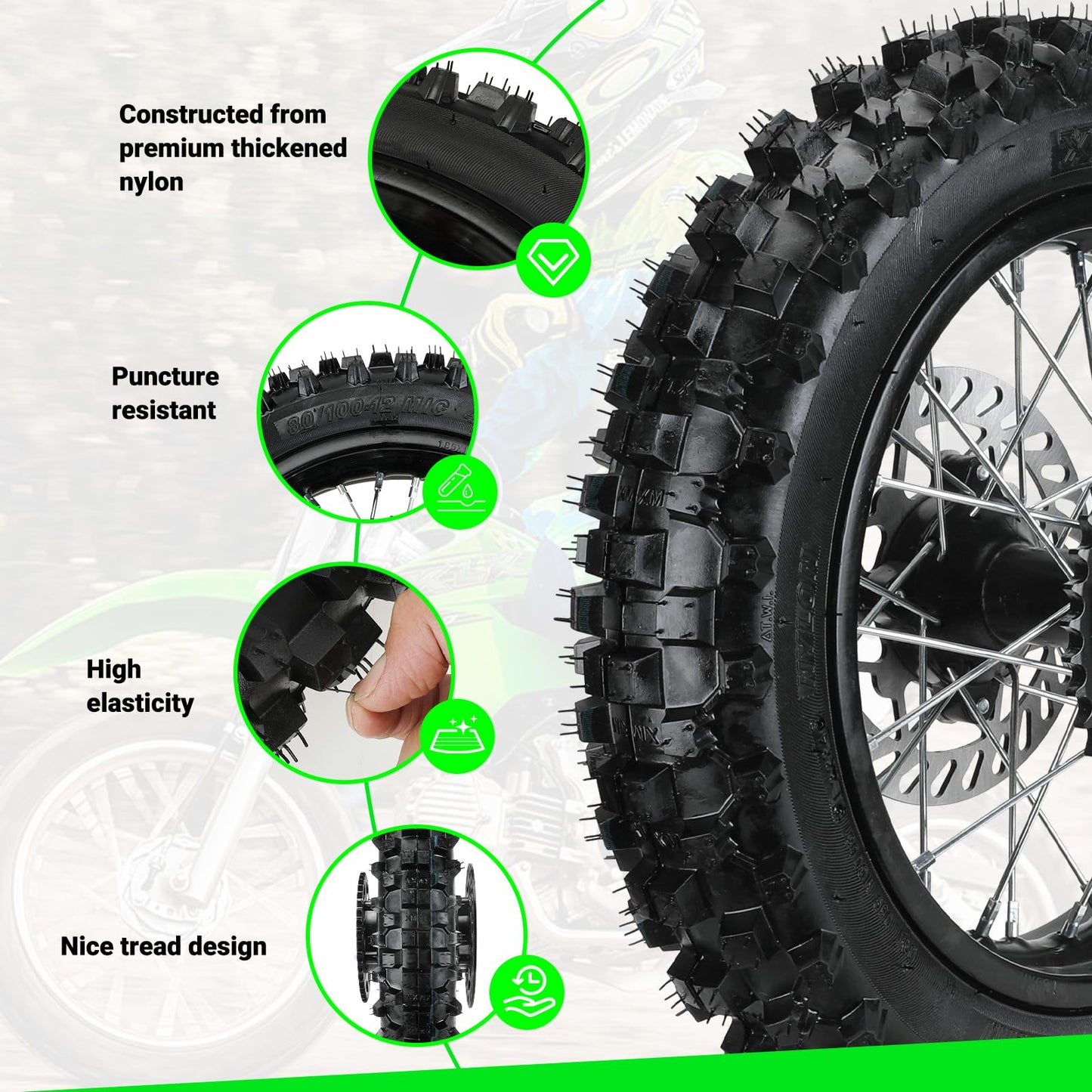 XIKOBY 12'' Rear Wheel 80/100-12 3.00-12 Dirt Bike Tire and Inner Tube Assembly for 110cc 125cc SSR SR125 CX65 TaoTao DB14 Coolster QG-214 with Brake Rotor 428 41T Chain Sprocket