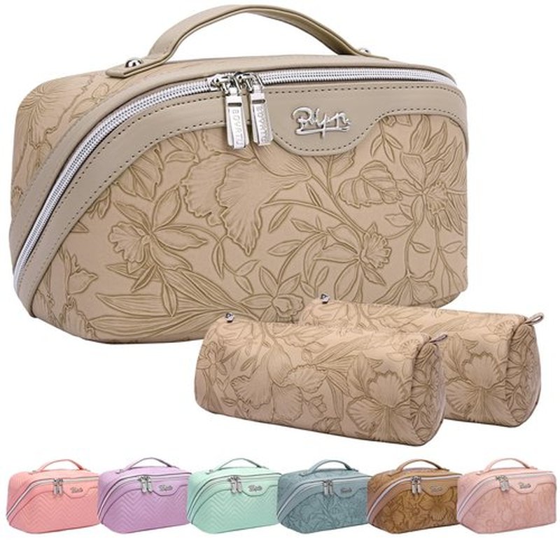 Travel Makeup Bags Cosmetic Organizer Bag: 3-Set Large Capacity Make up Bag - PU Leather Toiletry Bag for Women - Wide Open Portable Pouch with Divider & Handle (02-Light Brown)