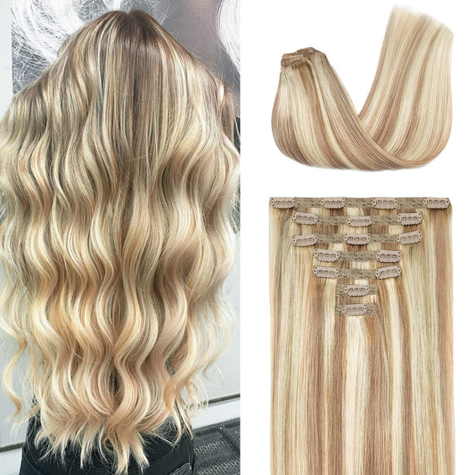 Fimislosion 22" Clip in Real Human Hair Extensions with Double Weft, 7pcs with 16clips,120 Gram (#18/613 Honey Blonde With Bleach Blonde)