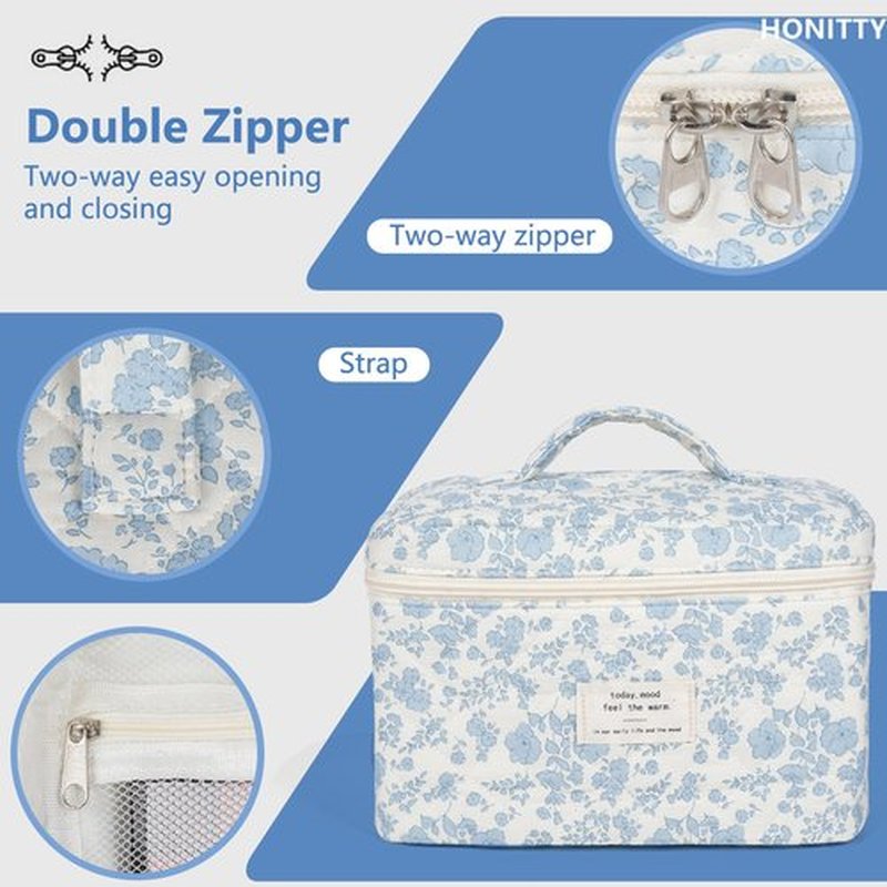 Makeup Bag,Quilted Cosmetic Bag,Large Floral Make Up Bag for Women,Cotton Makeup Bag,Flower Travel Toiletry Bag