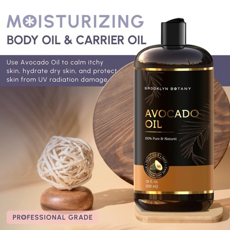 Brooklyn Botany Avocado Oil for Skin, Hair and Face – 100% Pure and Natural Body Oil and Hair Oil - Carrier Oil for Essential Oils, Aromatherapy and Massage Oil – 28 fl Oz