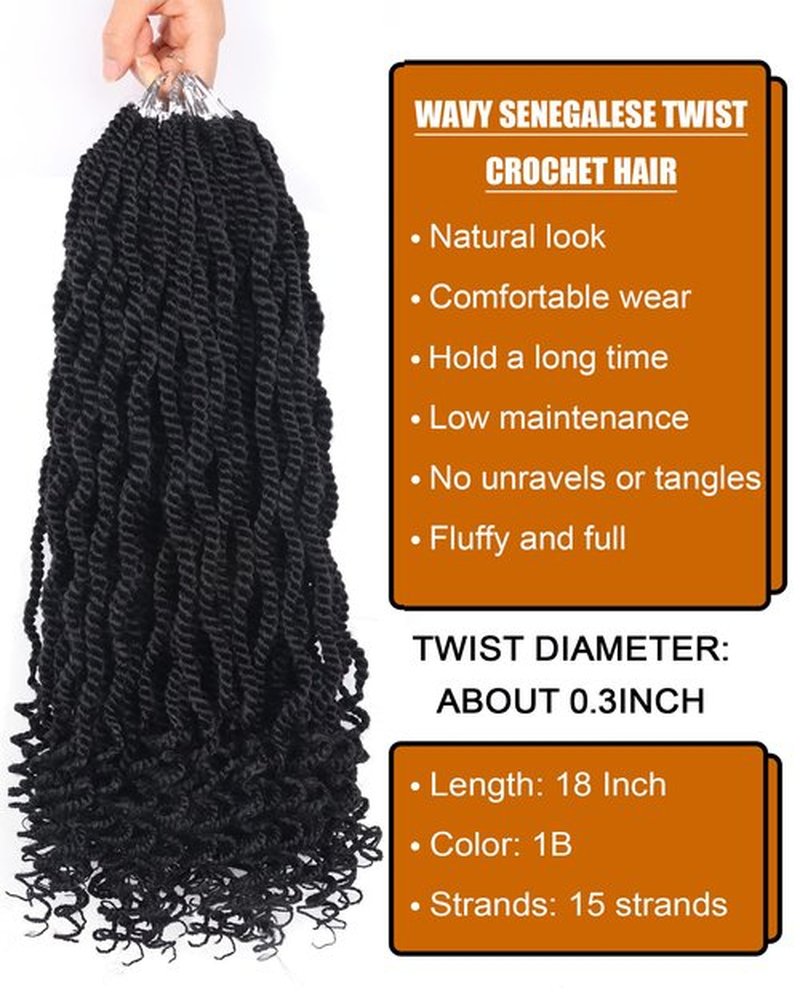 Senegalese Twist Crochet Hair 18 Inch Crochet Hair for Black Women Pre Looped 8 Packs Crochet Braids with Curly Ends Pre Twisted Kinky Twist Crochet Hair (18 Inch,1B)