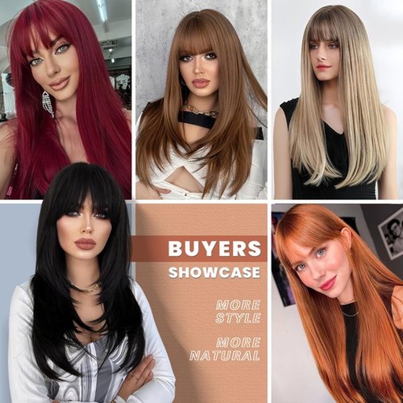 EMMOR Strawberry Blonde Wig With Bangs For Women Long Straight Wigs Auburn Layered Synthetic Layered Hairstyle For Girls Party Cosplay And Daily Use(26" Copper Brown)