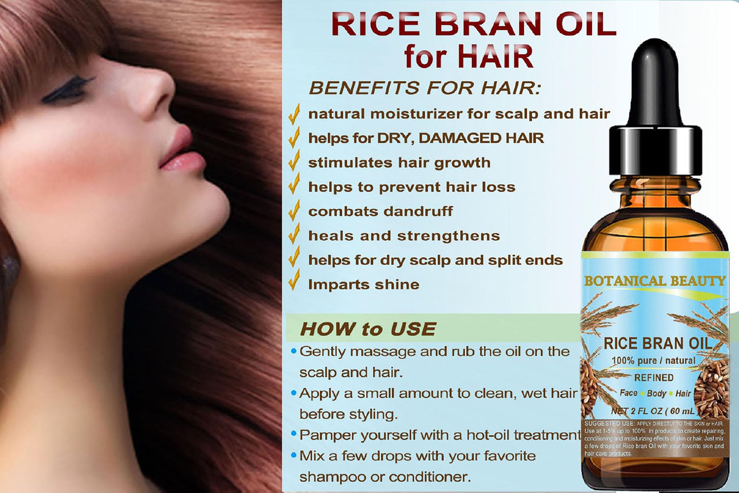Botanical Beauty RICE BRAN OIL 100% Pure Natural Refined Undiluted Cold Pressed Carrier Oil for Face, Skin, Body, Hair, Massage, Nails. (4 Fl Oz)
