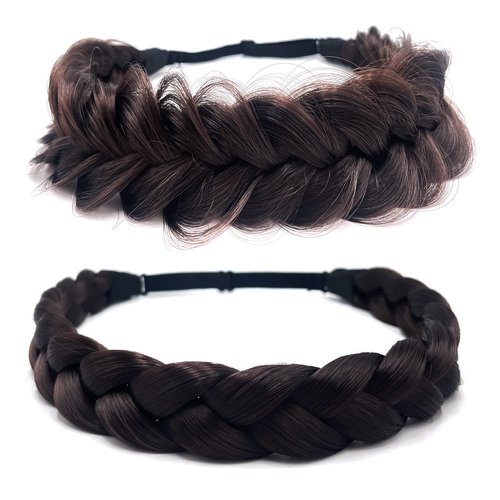 STHEJFB Braid Headband 2 3 Strands combinations Messy Wide Chunky Fluffy Elastic Stretch Hairpiece Braided Headband Women Girl Beauty accessory (Brown Black 4A)