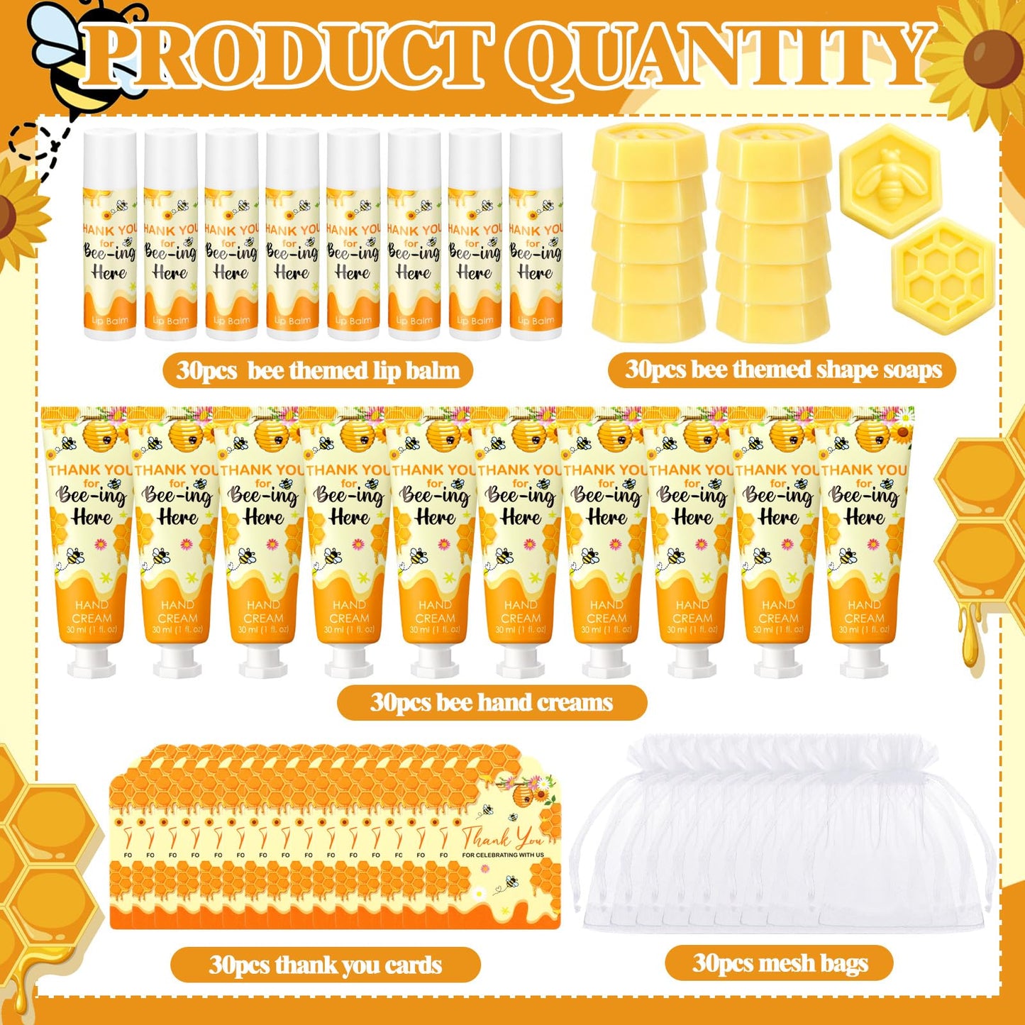 Loopeer 30 Set/150 Pcs Bee Theme Baby Shower Favors for Guests Gifts Hand Cream Lip Balm Soap Party Favors Travel Size with Bags, Thanks You Card for Games Prizes Souvenirs
