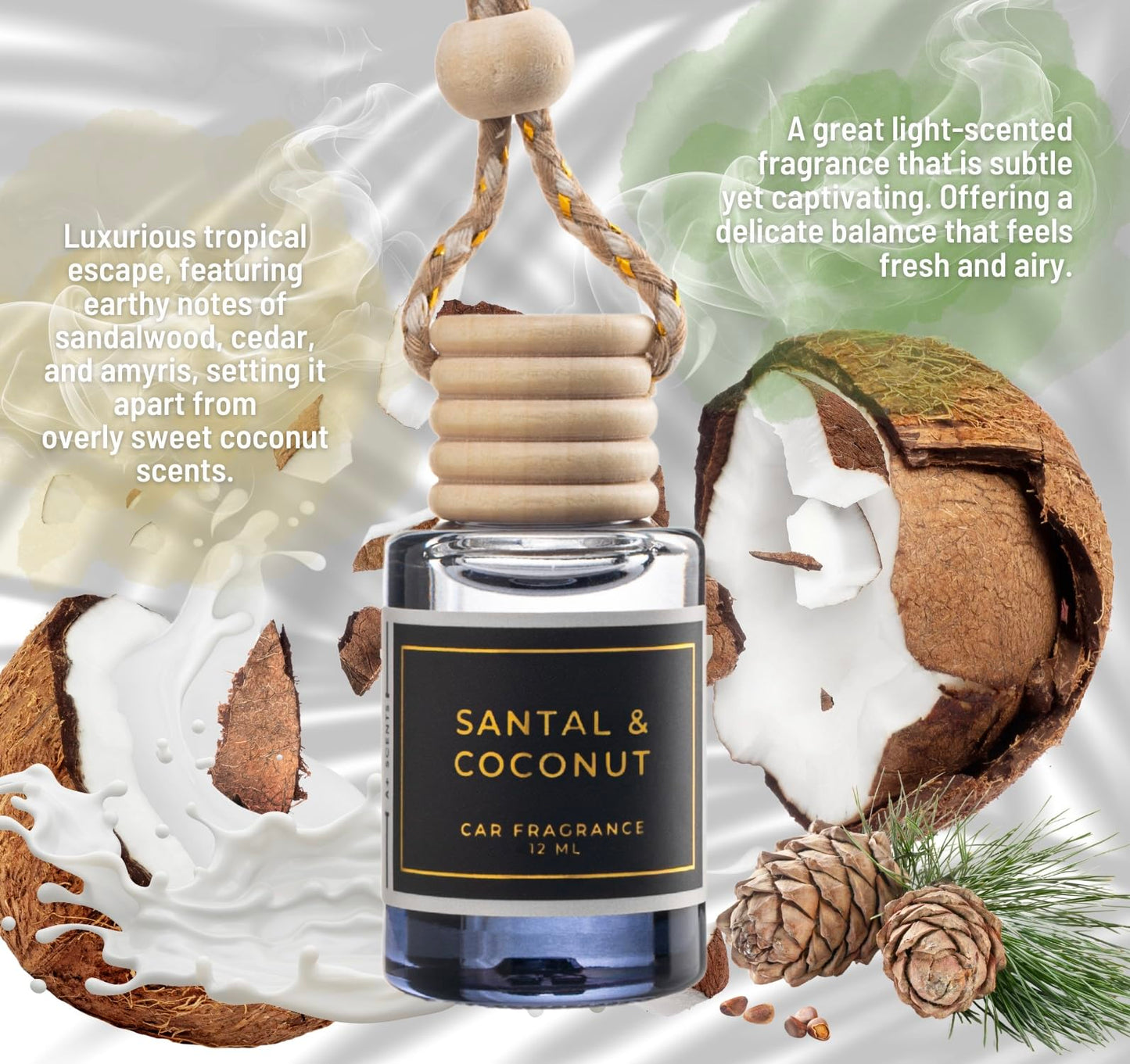 Santal & Coconut - A Fragrant Whisper of Opulent Tropical Serenity! - Luxury Car Hanging Diffuser - Long Lasting Car Freshener - Lasts up to 60 days | A+ Scents