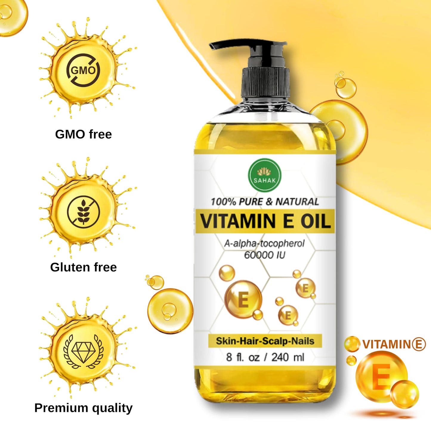 SAHAK Vitamin E Oil Blend 60,000 IU – Organic Vitamin E Oil for Skin, Hair & Nails | Ready-to-Use Body & Face Moisturizing Oil