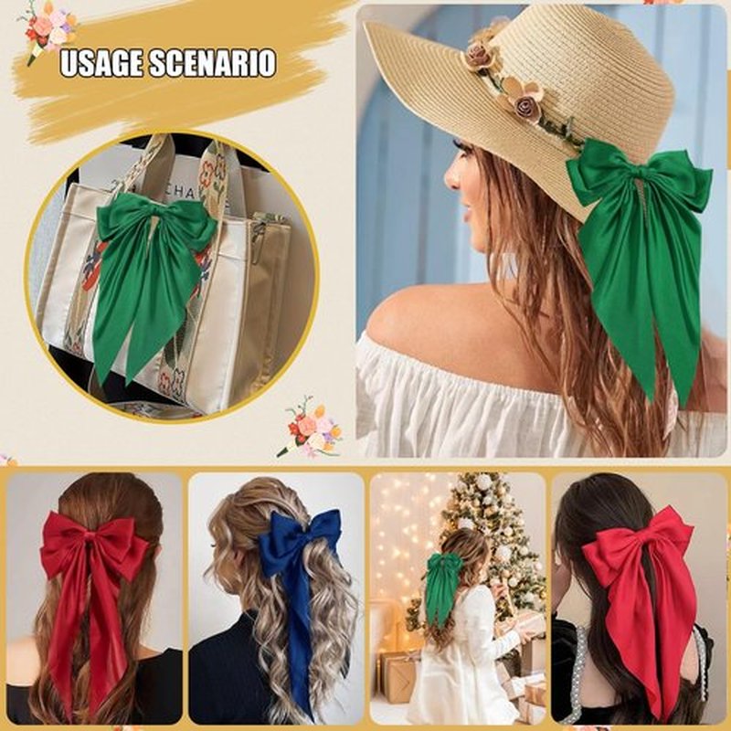 Hair Bows for Women Girls Silky Satin Big Bows Hair Barrettes Oversized Hair Accessories Long Tail Hair Ribbons -3Pcs -Dark Blue Red Green