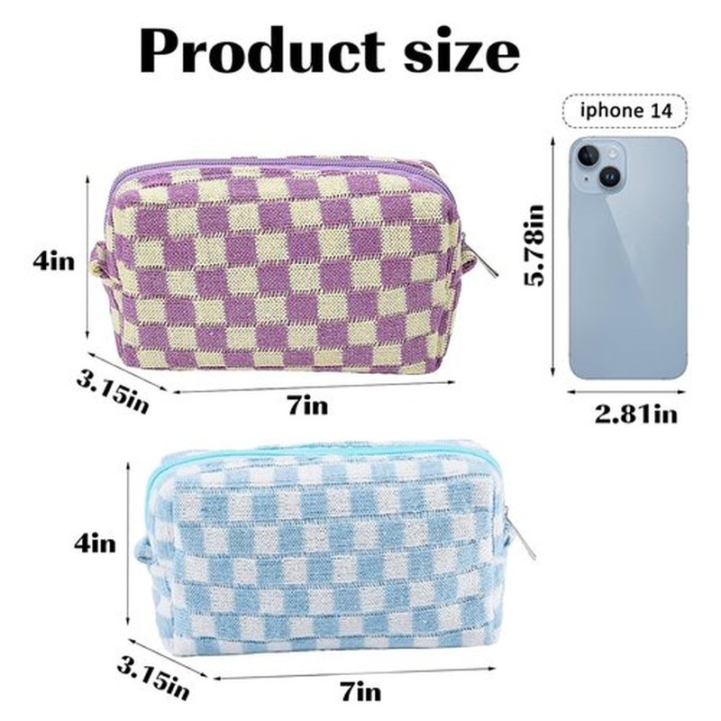 ZLFSRQ 2Pcs Checkered Makeup Bag for Women Travel Medium Small Cosmetic Bag Set Cute Blue Purple Makeup Pouch Purse Zippered Toiletry Bag Organizer Cute Y2K Trendy Aesthetic Makeup Brushes Storage Bag
