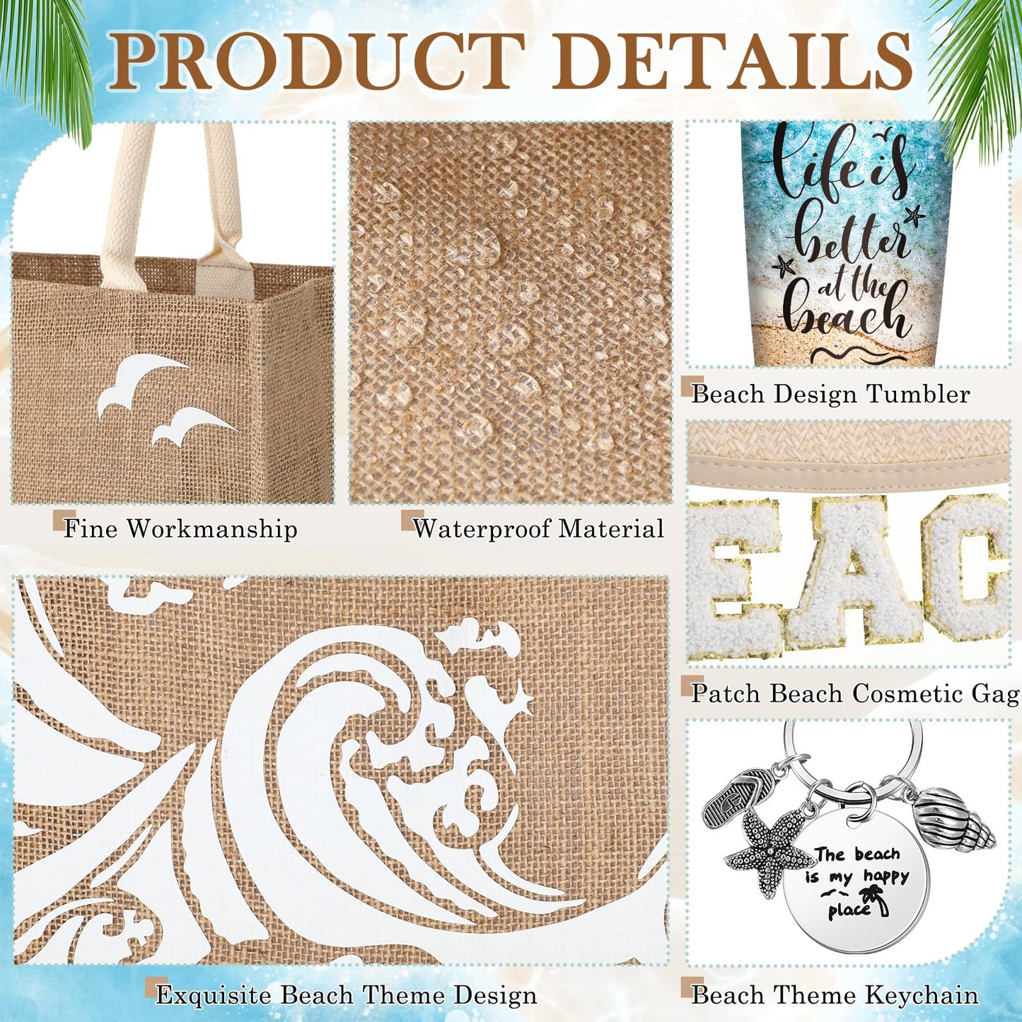 Yiyiring 6 Pcs Beach Gifts for Women Set Beach Theme Gift Set Burlap Tote Bags Cosmetic Bag 20 oz Tumbler Keychain for Birthday Holiday Travel Wedding Bridal Shower Bride Bridesmaid Honeymoon(Classic)