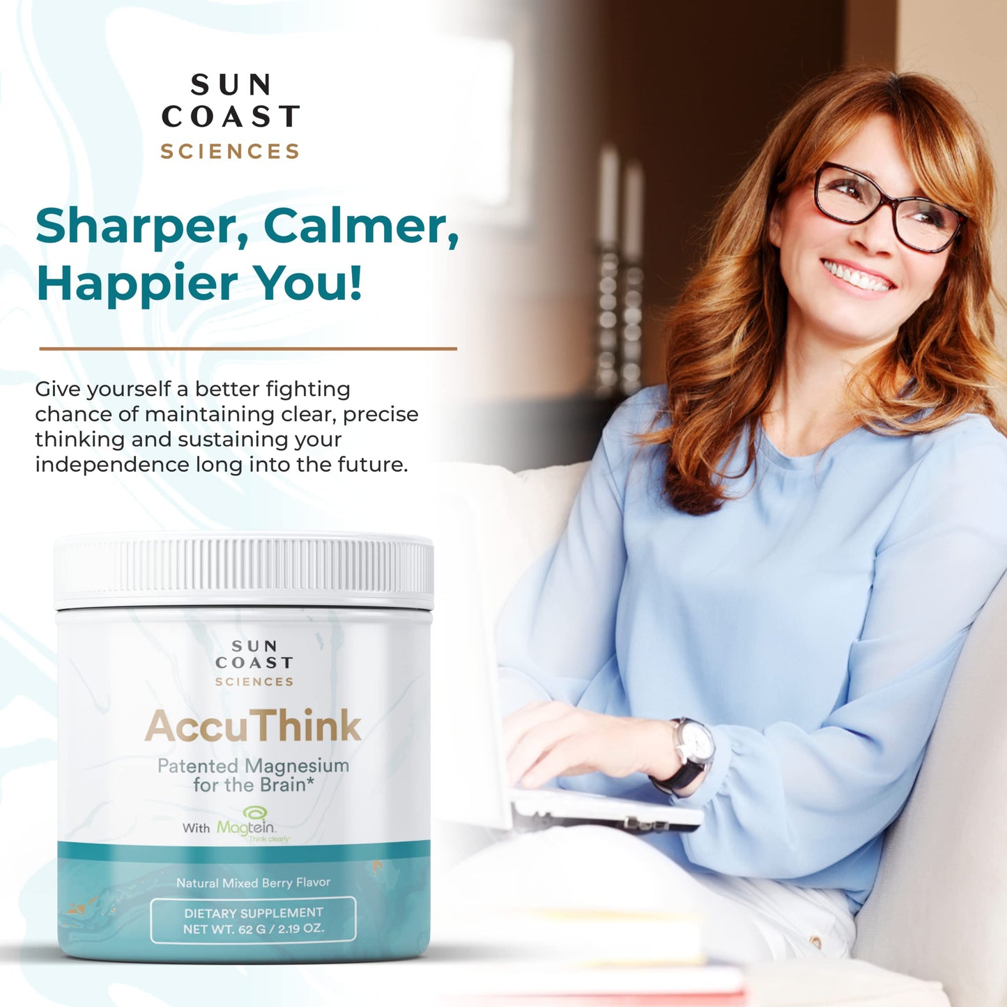 Sun Coast Science Sun Coast Sciences AccuThink - Patented Magnesium Brain - 2.64oz Memory Supplement Brain Health, Sleep, Mood Boost - Cognitive Support Supplement Magnesium Threonate Vitamin C
