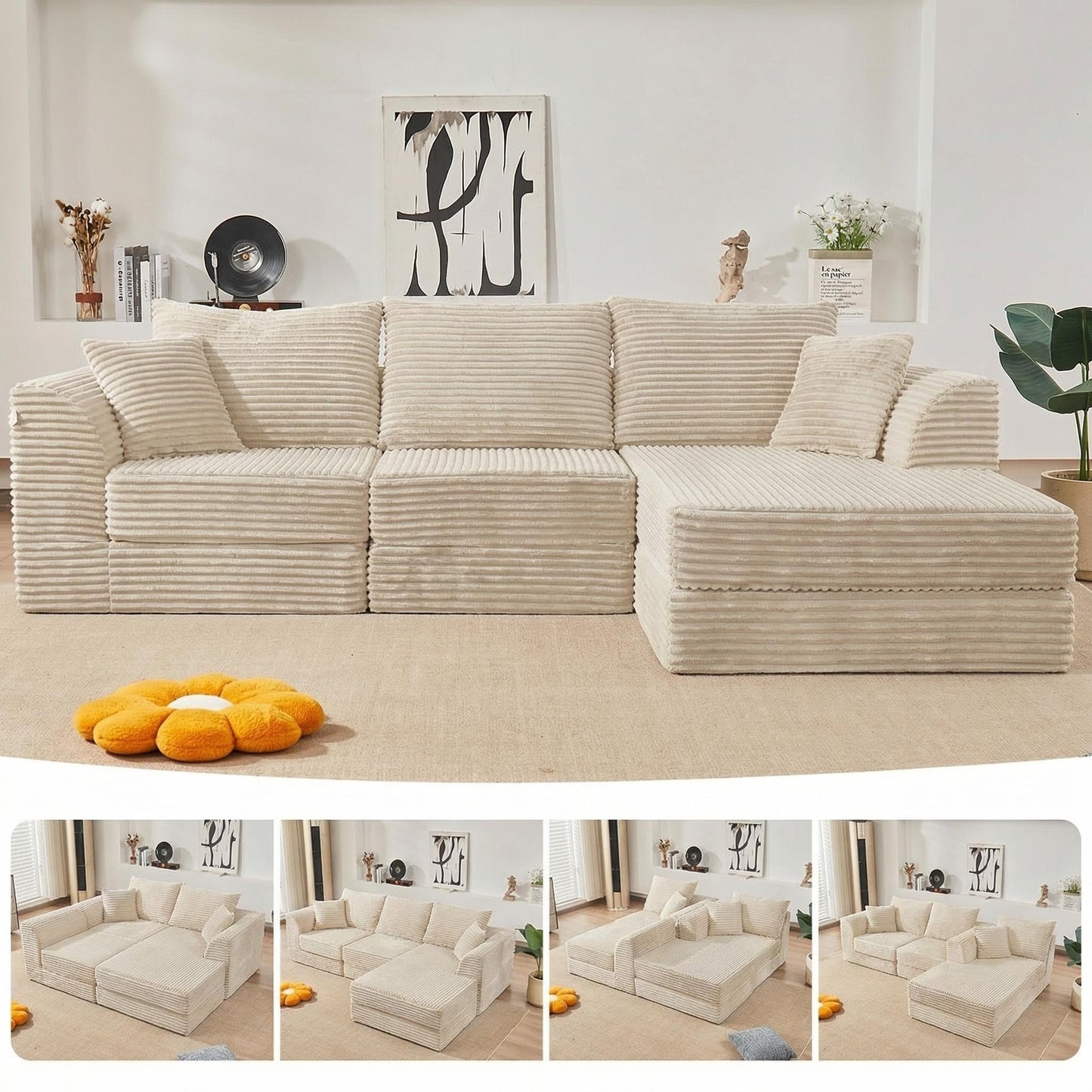 106” Modular Sectional Sofa,Modular Cloud Sofa L-Shaped Cloud Couch with High-Density Foam & Corduroy Fabric,Boneless Couch Deep Seat Couch for Living Room Apartments Bedroom No Assembly Required