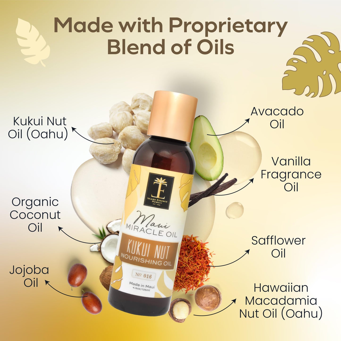 Island Essence Organic Kukui Nut Nourishing Oil – Hawaiian Blend with Kukui Nut Oil for Body & Hair – Made in Maui – 4.5 oz Bottle for Body Massage - Massage oils