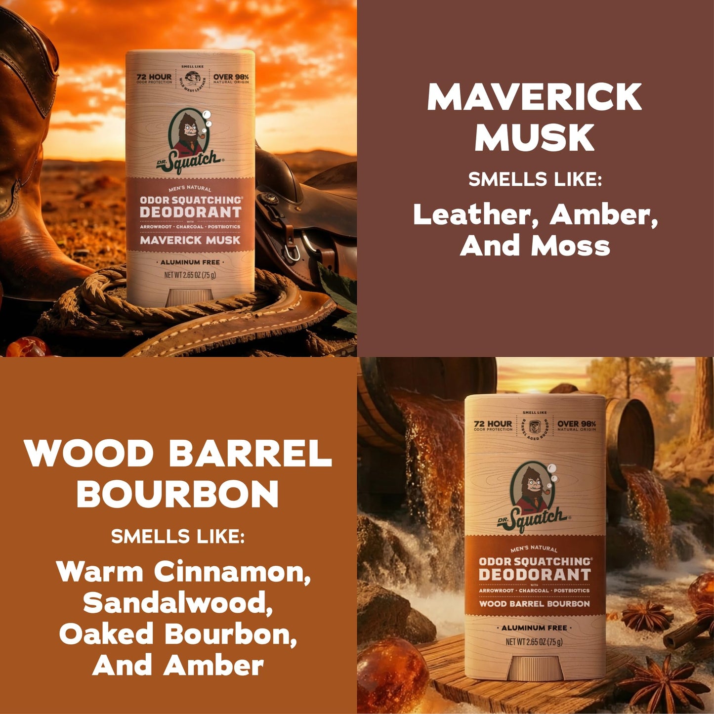 Dr. Squatch Natural Men’s Deodorant – Aluminum Free Natural Deodorant Men with Charcoal & Postbiotics for 72-Hour Odor Protection – Maverick Musk + Wood Barrel Bourbon, 2.65oz Stick (2-Pack)