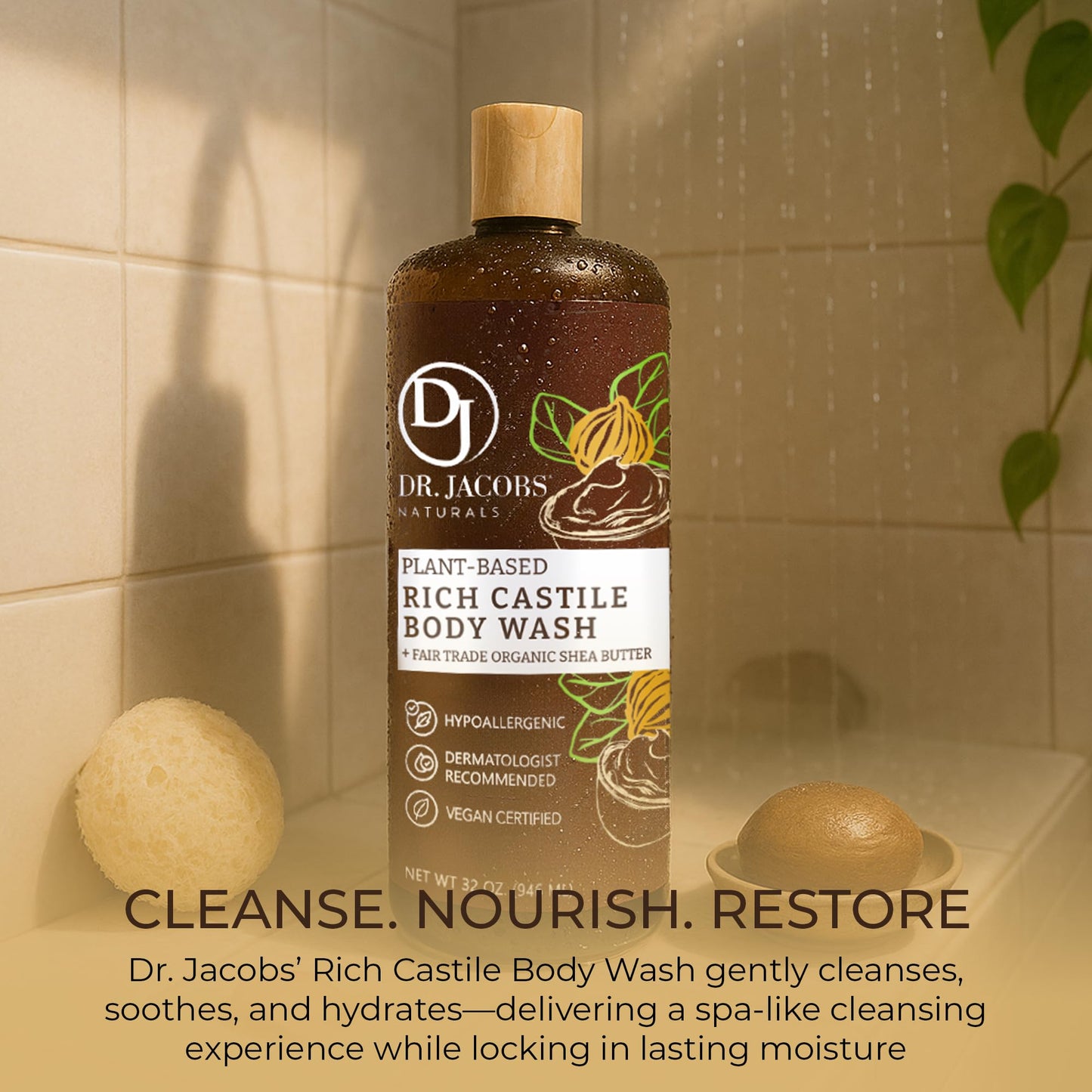 Dr. Jacobs Naturals Pure Castile Soap Liquid Body Wash, Shea Butter - Plant Based Soap Infused with Vitamin E and Aloe Vera to Moisturize Dry and Sensitive Skin - Made in The USA - 32 oz, Pack of 3