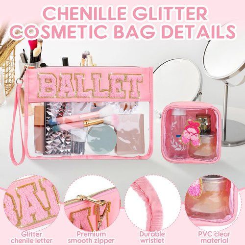 Hillban 2 Pcs Ballet Gifts Chenille Letter Bags Preppy Patch Makeup Bag Flat Clear Pouch PVC Organizer Purse Waterproof Travel Cosmetic Bag Portable Bag for Women (Ballet Theme)
