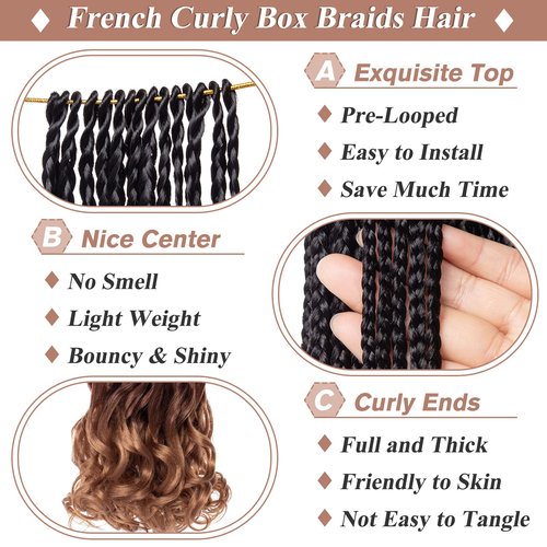 RuiYok 18 Inch French Curl Crochet Braids 9 Packs Ombre Brown Crochet Box Braids with Wavy Ends Pre Looped Synthetic French Curly Braiding Hair for Women