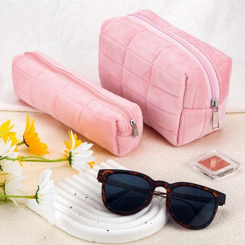 ZLFSRQ 2Pcs Makeup Bag for Women Pencil Pouch Travel Small Cosmetic Bag Set Cute Plush Pink Makeup Pouch Purse Pencil Case Pencil Bag Zippered Toiletry Bag Organizer Trendy Makeup Brushes Storage Bag