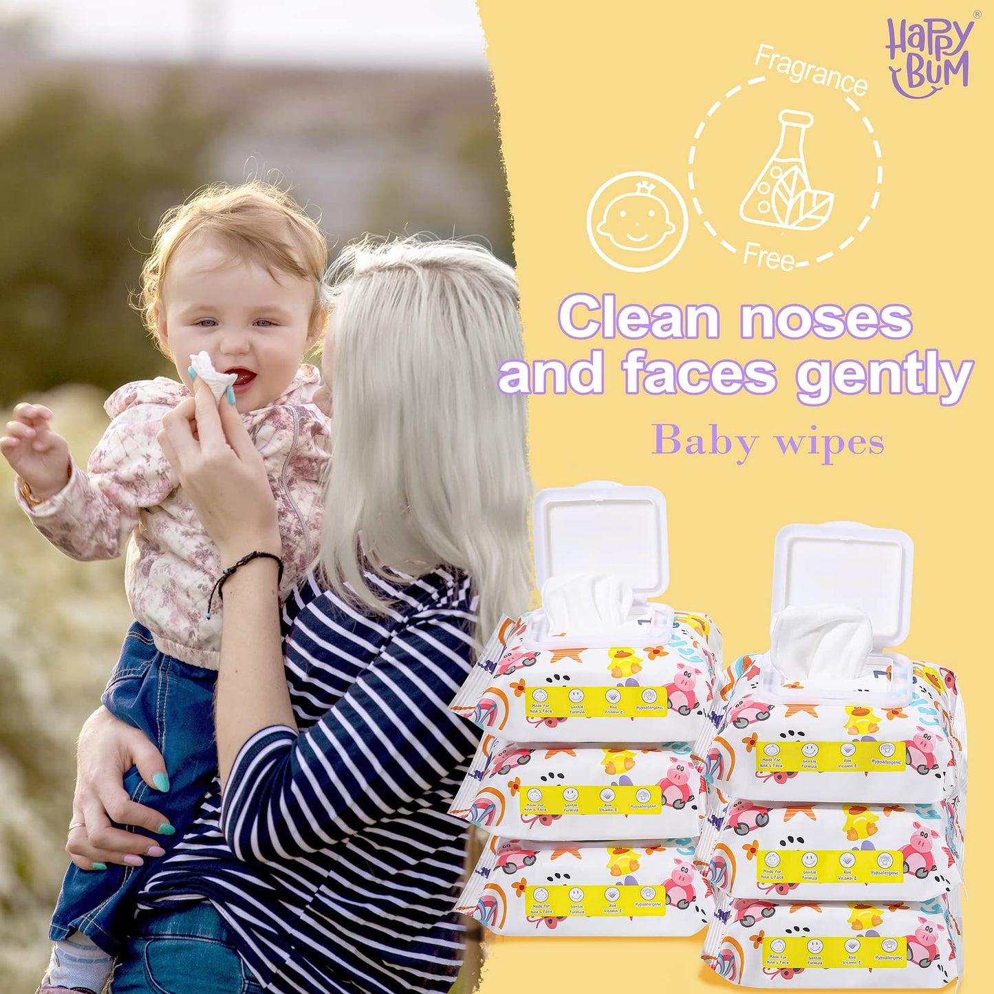HAPPY BUM - 180 Count Saline Baby Wipes, Unscented, 7.4 x 7.2 Inch, Moist and Refreshing, Multi-Purpose Use, Ideal for Travel