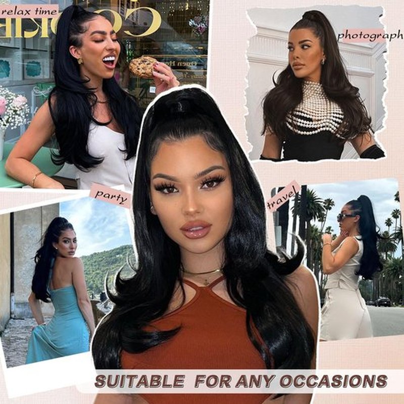 CHRSHN Ponytail Extension, Drawstring Ponytail Extension for Women 26 Inch Long Dark Brown Wavy Layered Pony Tails Hair Extensions Synthetic Clip in Ponytail Hairpiece for Women