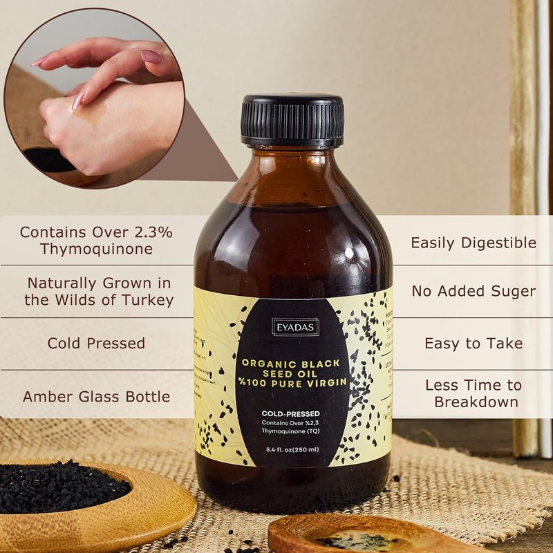 Organic Black Seed Oil - 100% Cold-Pressed Nigella Sativa | 8.4 Fl Oz Amber Bottle for Immune, Hair & Skin Health