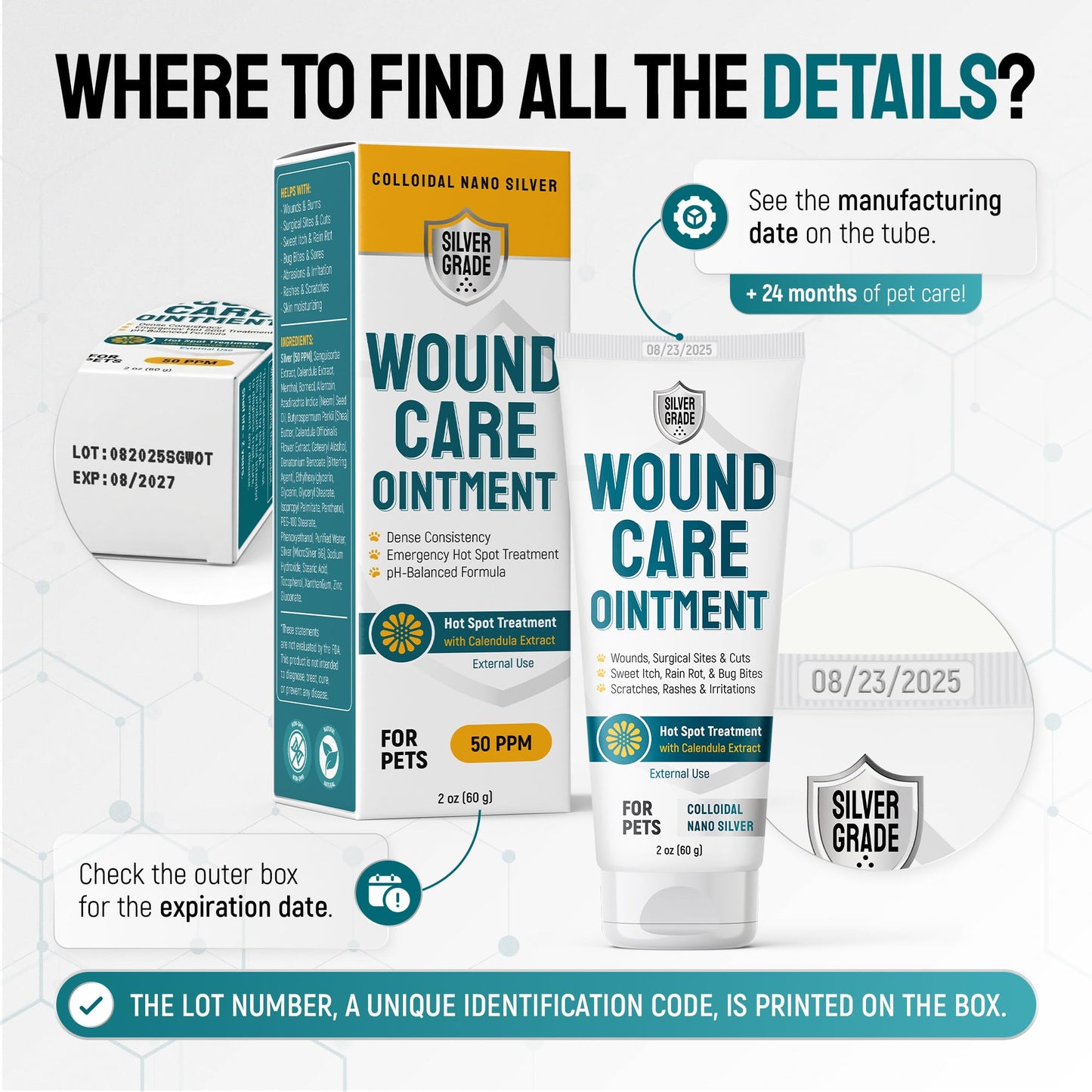 SILVER GRADE Dog Wound Care Ointment with Silver & Calendula for Scratches, Irritations, Bites – Feline & Canine Hot Spots Treatment in a Gel Form – Wound Antibiotic Ointment for Dogs & Cats – 2 Oz