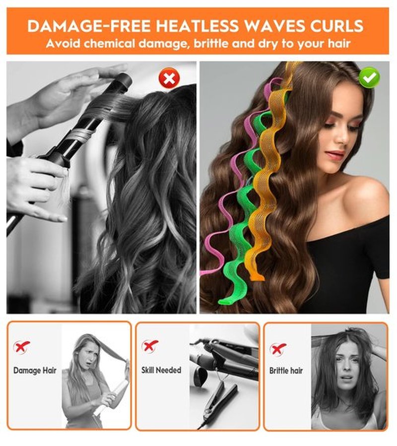 YEVYO 30 Pcs Heatless Hair Curlers Wave Curls Styling Kit with 2 Pcs Styling Hooks, No Heat Hair Curlers Heatless Wave Curlers for Women Girls Long Medium Short Hair (6 Colors, 55 cm/21.65 inch)