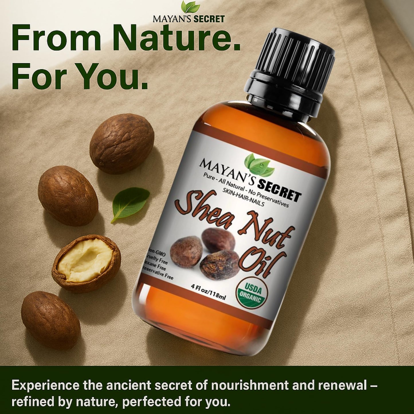 Mayan's Secret Shea Nut Oil USDA Certified Organic Natual Undiluted Cold Pressed for Skin Hair Lips and Nails