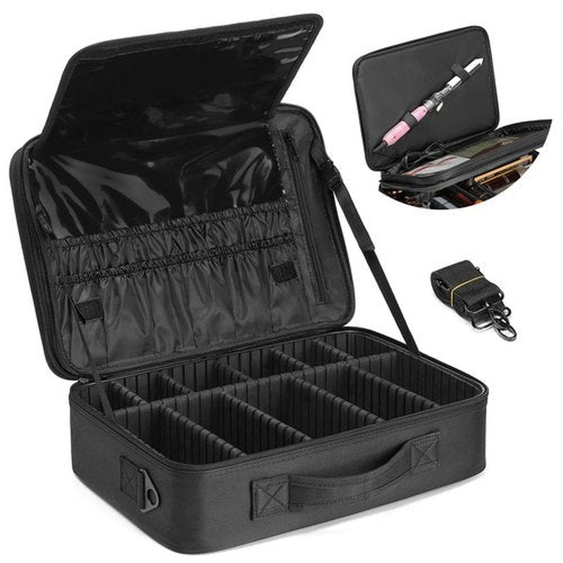 Vlando Large Make up Bag Case Organizer for Women Adjustable Dividers for Travel Makeup Cosmetics Make up Bags Brushes Lipstick Facial Mask Case Black