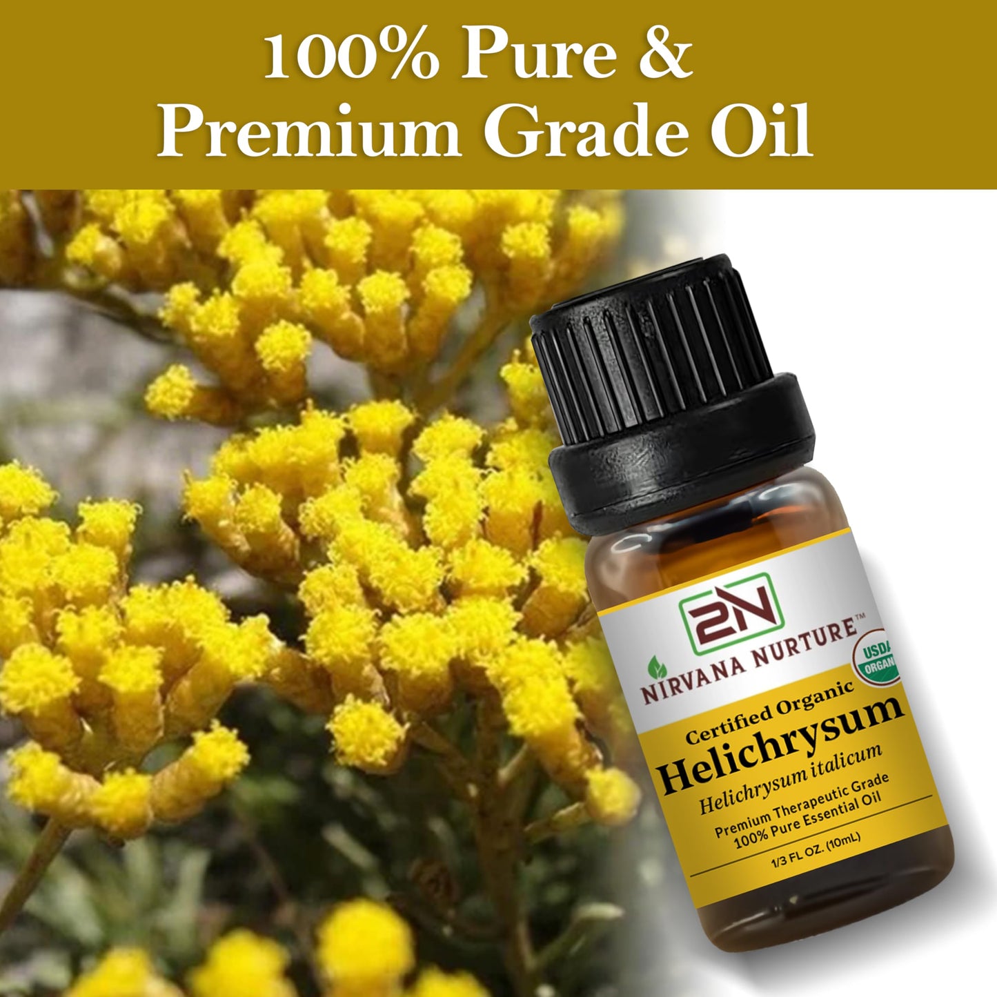Nirvana Nurture Helichrysum Essential Oil, USDA Certified Organic, 100% Pure Undiluted, Aromatherapy Oil for Diffuser, Hair & Skin Care