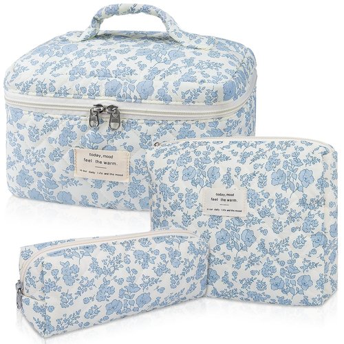 Makeup Bag Set, Quilted Makeup Bag, Large Floral Cosmetic Bag for Women, Cute Cotton Makeup Bags, Flower Travel Toiletry Organizer Bag