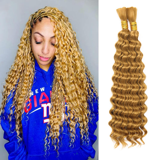 Dorsanee Deep Wave Bulk Hair for Braiding 18 Inch 2 Bundles 200g Honey Blonde Curly Braiding Hair for Boho Braids No Weft Wet and Wavy Braiding Hair Extensions (#27,100g/bundle)