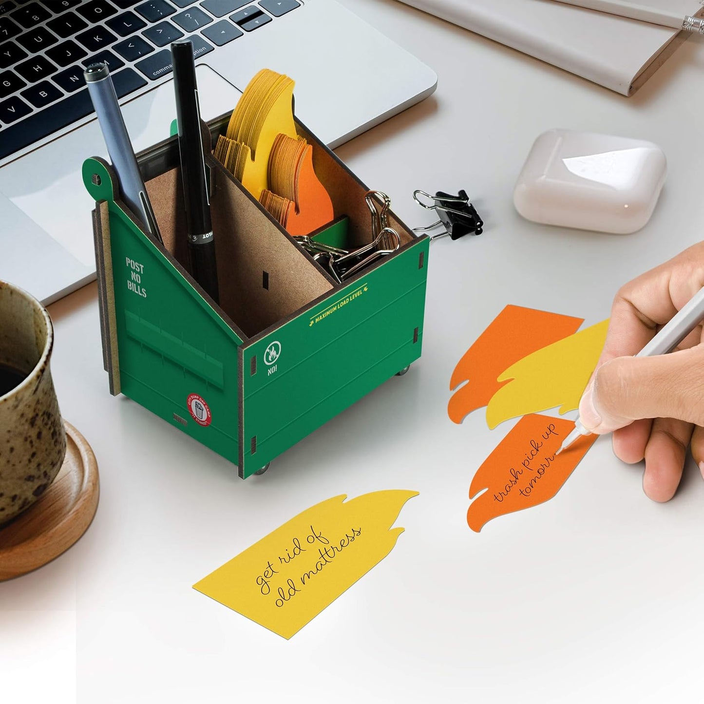 Genuine Fred Desk Dumpster Pencil Holder - Funny 3-Compartment Organizer with 100+ Flame Note Cards for Office or Home