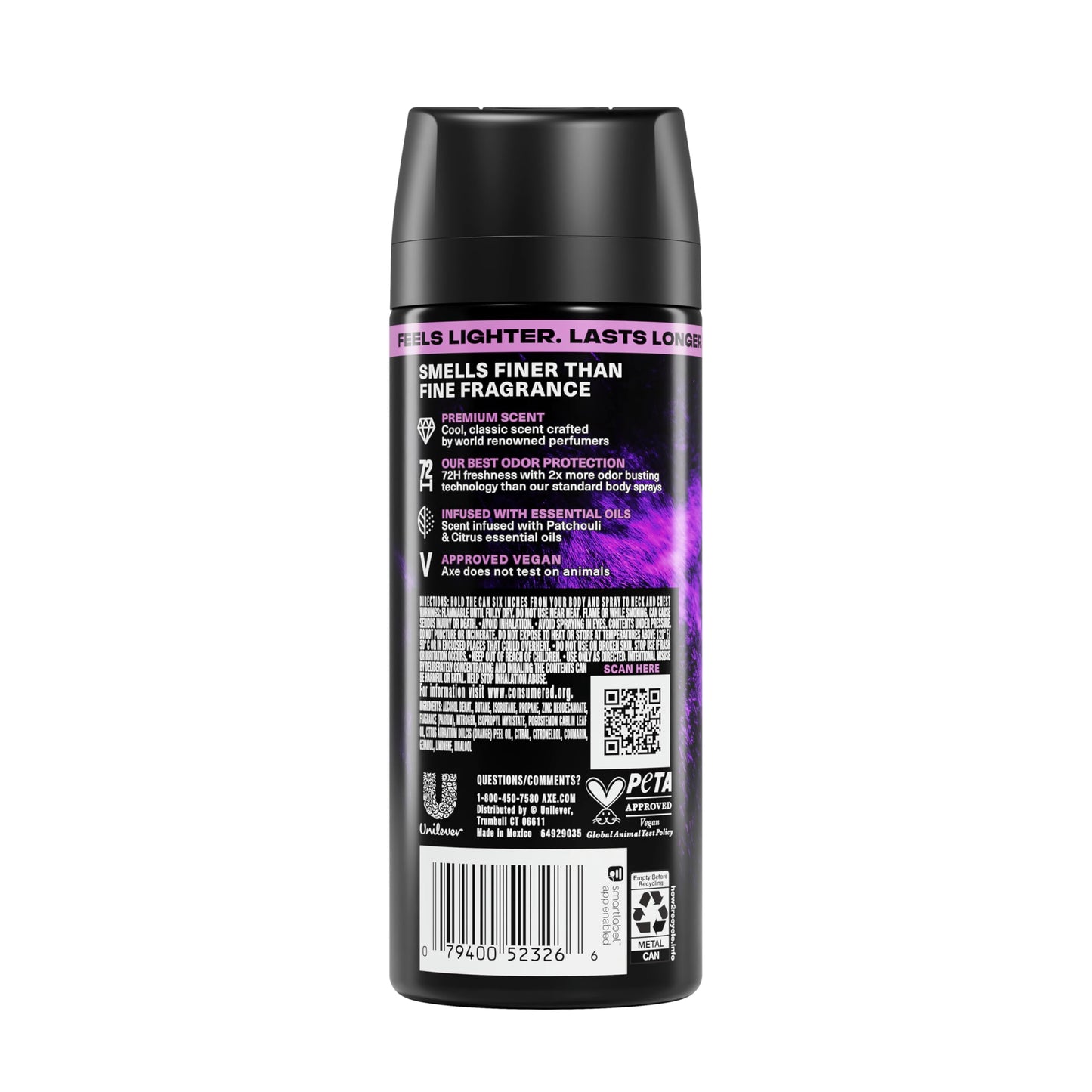 AXE Fine Fragrance Collection Body Spray Purple Patchouli 72 Hour Freshness Aluminum Free 2.9 oz