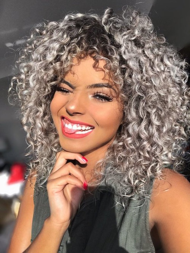 Afro Curly Wigs with Bangs for Black Women Kinky Curly Synthetic Hair Heat Resistant 12 Inch Short Ginger Wig for Daily Party (Grey)