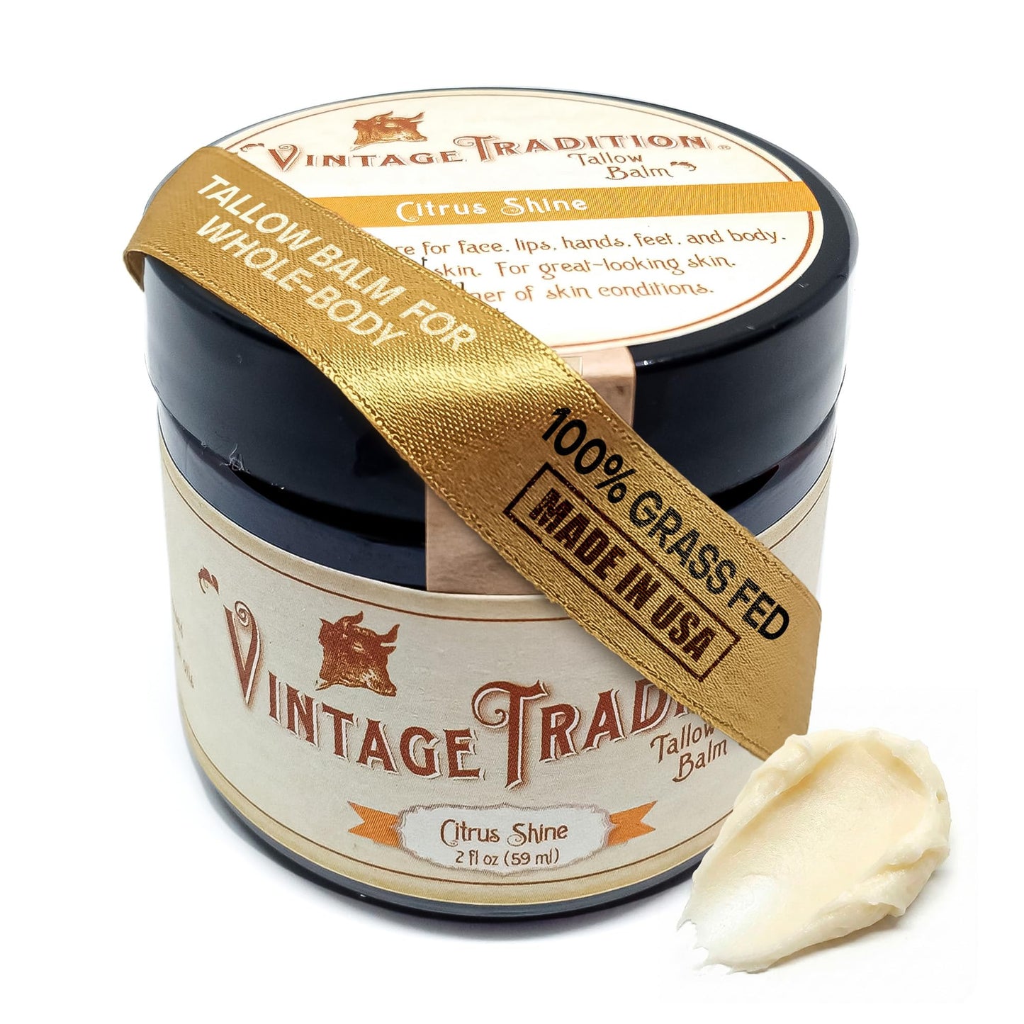 Vintage Tradition Citrus Shine The Original Beef Tallow Balm for Skin, Citrus + Lavender Scent, Smooth Moisturizing Tallow Face and Body Balm, sun irritation, oily skin, 100% Grass Fed, 2 fl oz